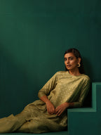 trueBrowns Green Square Viscose Silk Side Gathered Co-ord Set | Grocsy