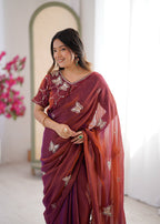 Evanik Rust Mos Silk With Handwork Butterfly Design Saree With Unstitched Blouse | Grocsy