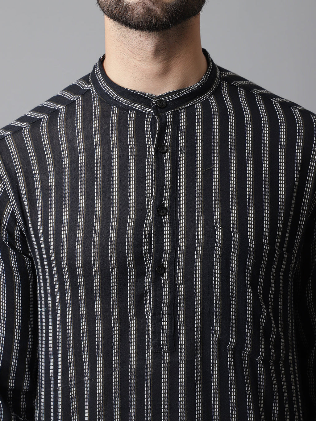 Even Apparels Black Pure Cotton Kurta With Band Collar | Grocsy