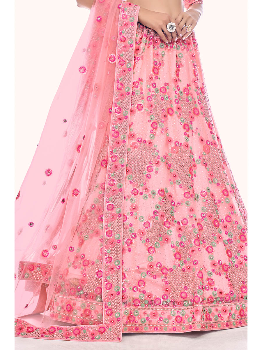 Myra Peach Soft Net Embroidered Designer Lehenga Choli | Grocsy