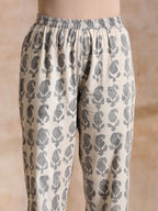 trueBrowns Grey Dabu Buta Print Cotton V-Square Neck Co-Ord Set | Grocsy