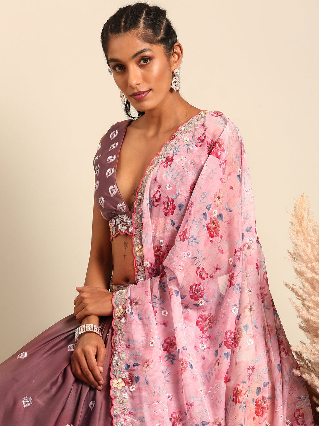 House of Panchhi Rose Gold Chinon Sequins Embroidery Lehenga Choli & Dupatta | Grocsy