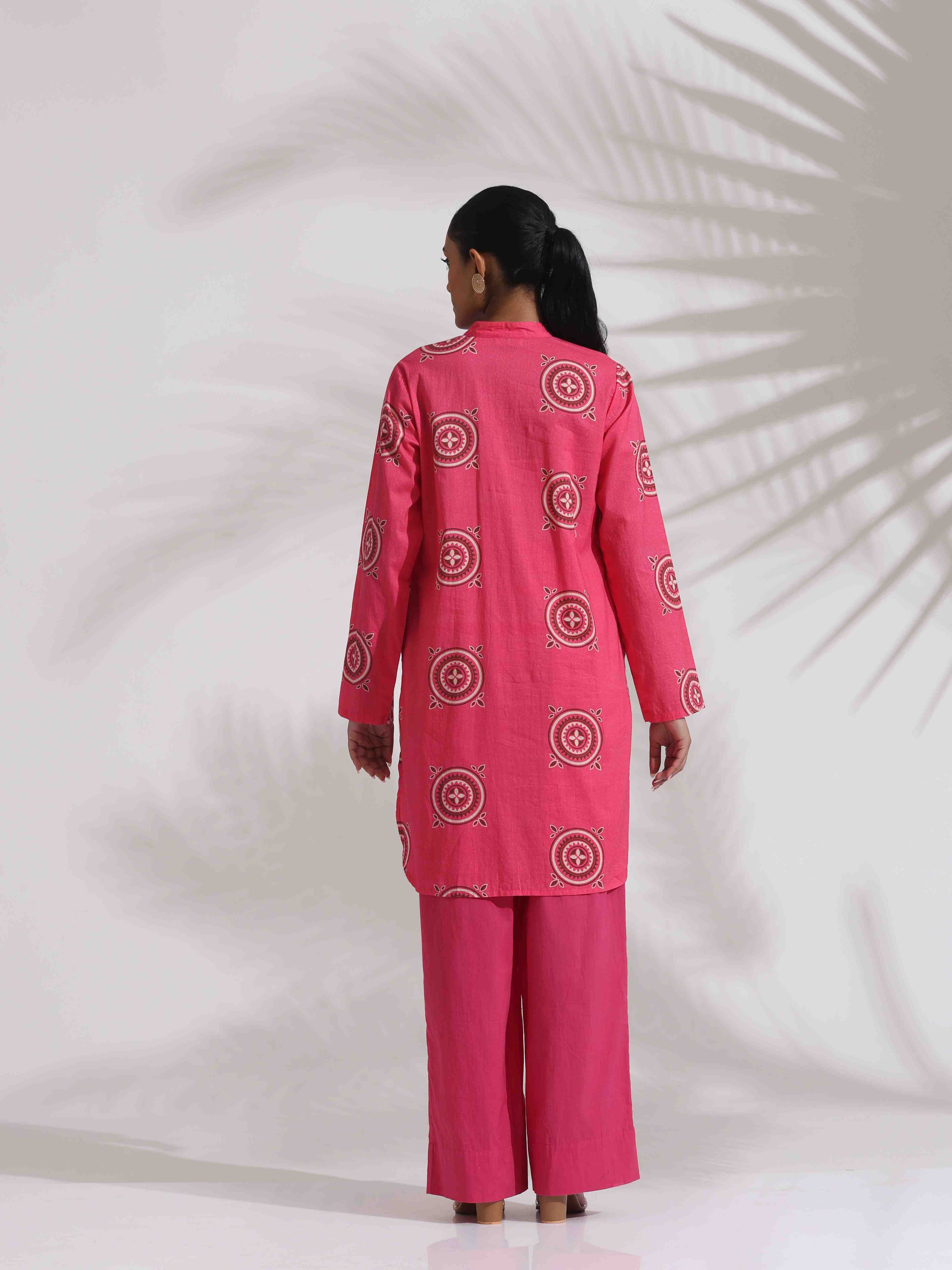 trueBrowns Pink Cotton Print Kurta Co-ord Set | Grocsy