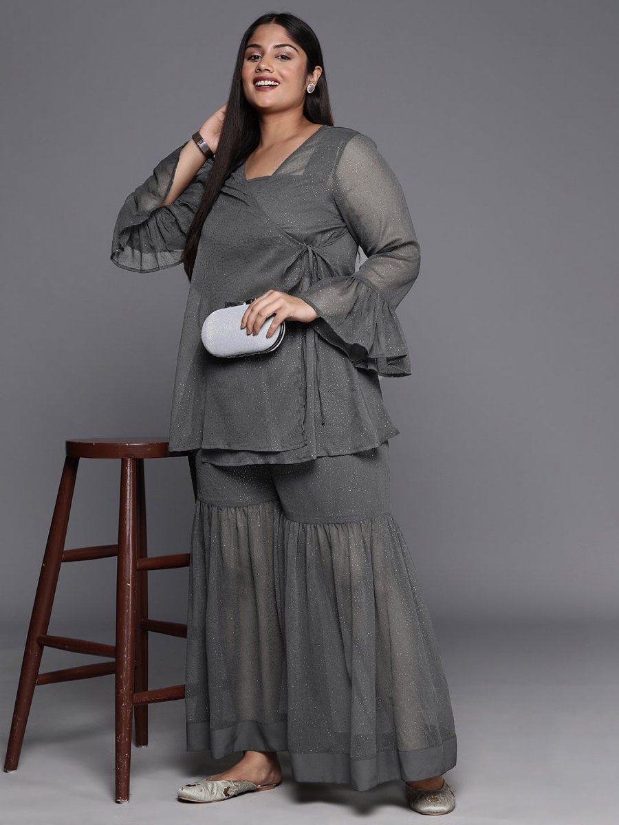 Ahalyaa Plus Size Ethnic Printed Chiffon Wrap Tunic with Sharara | Grocsy