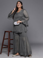 Ahalyaa Plus Size Ethnic Printed Chiffon Wrap Tunic with Sharara | Grocsy
