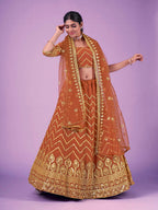 Myra Orange Georgette Embroidered Designer Lehenga | Grocsy
