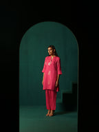 trueBrowns Pink Floral Viscose Silk Round Neck Co-ord Set | Grocsy