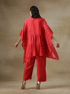 trueBrowns Red Bandhani Printed Silk Kaftan Gathered Co-Ord Set | Grocsy