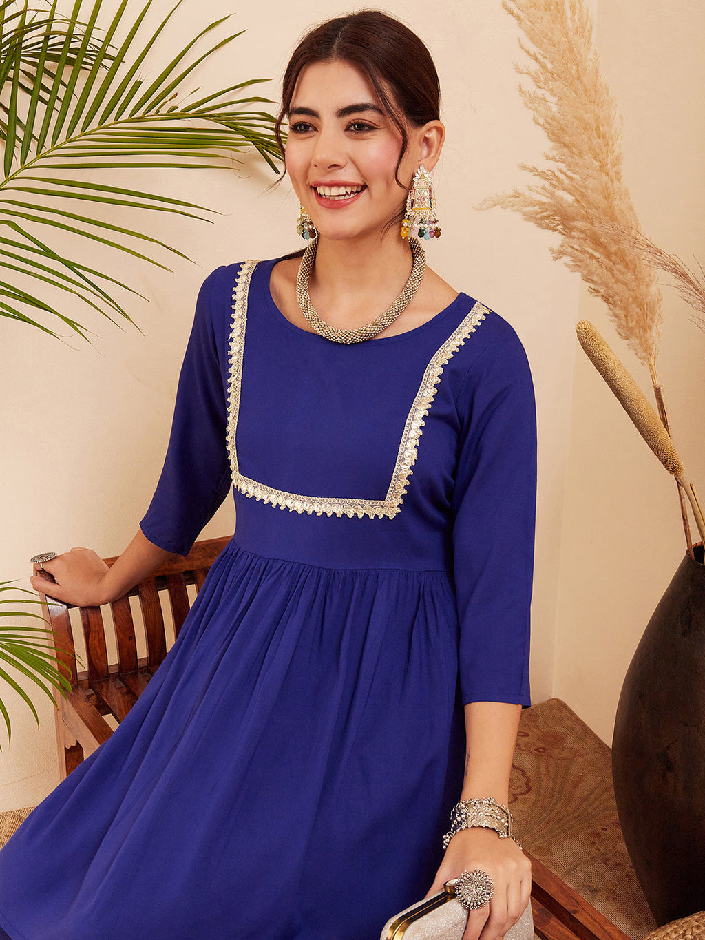 InWeave Women's Blue Round Neck Square Gota Work Kurta Pant Set | Grocsy