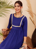 InWeave Women's Blue Round Neck Square Gota Work Kurta Pant Set | Grocsy