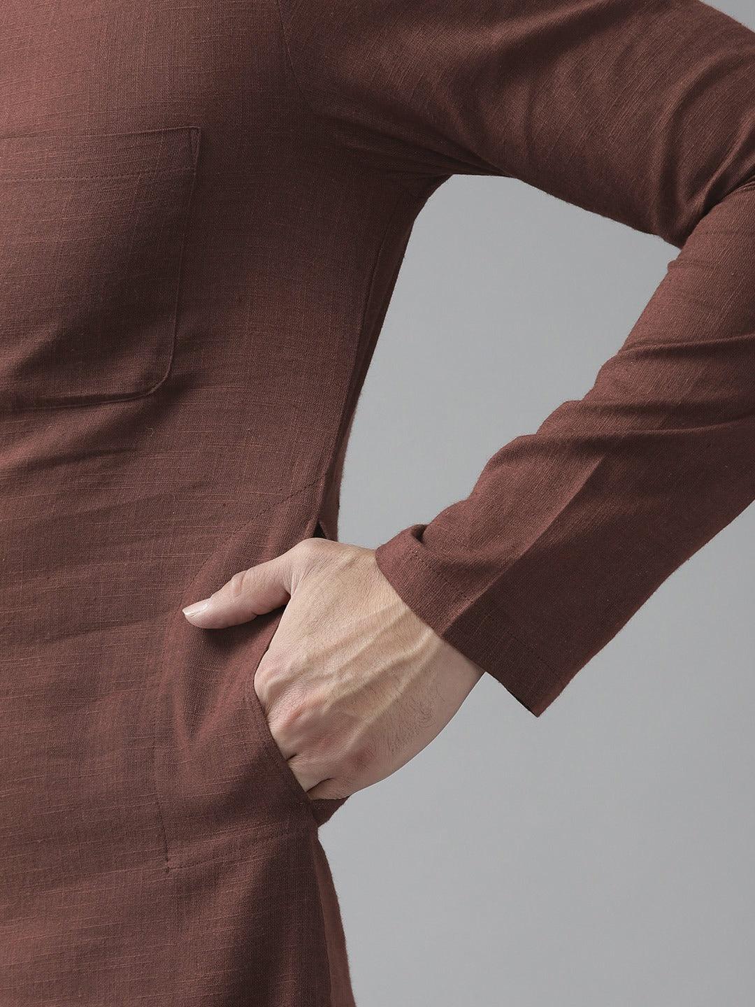 Fabmade Men Brown Cotton Linen Kurta | Grocsy