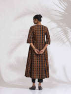 trueBrowns Black Cotton Print Pleated Flared Kurta Set | Grocsy