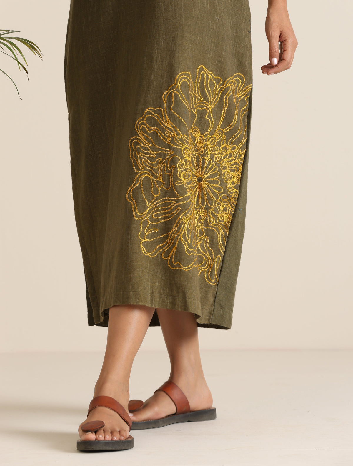 trueBrowns Olive Cotton Embroidered Dress | Grocsy