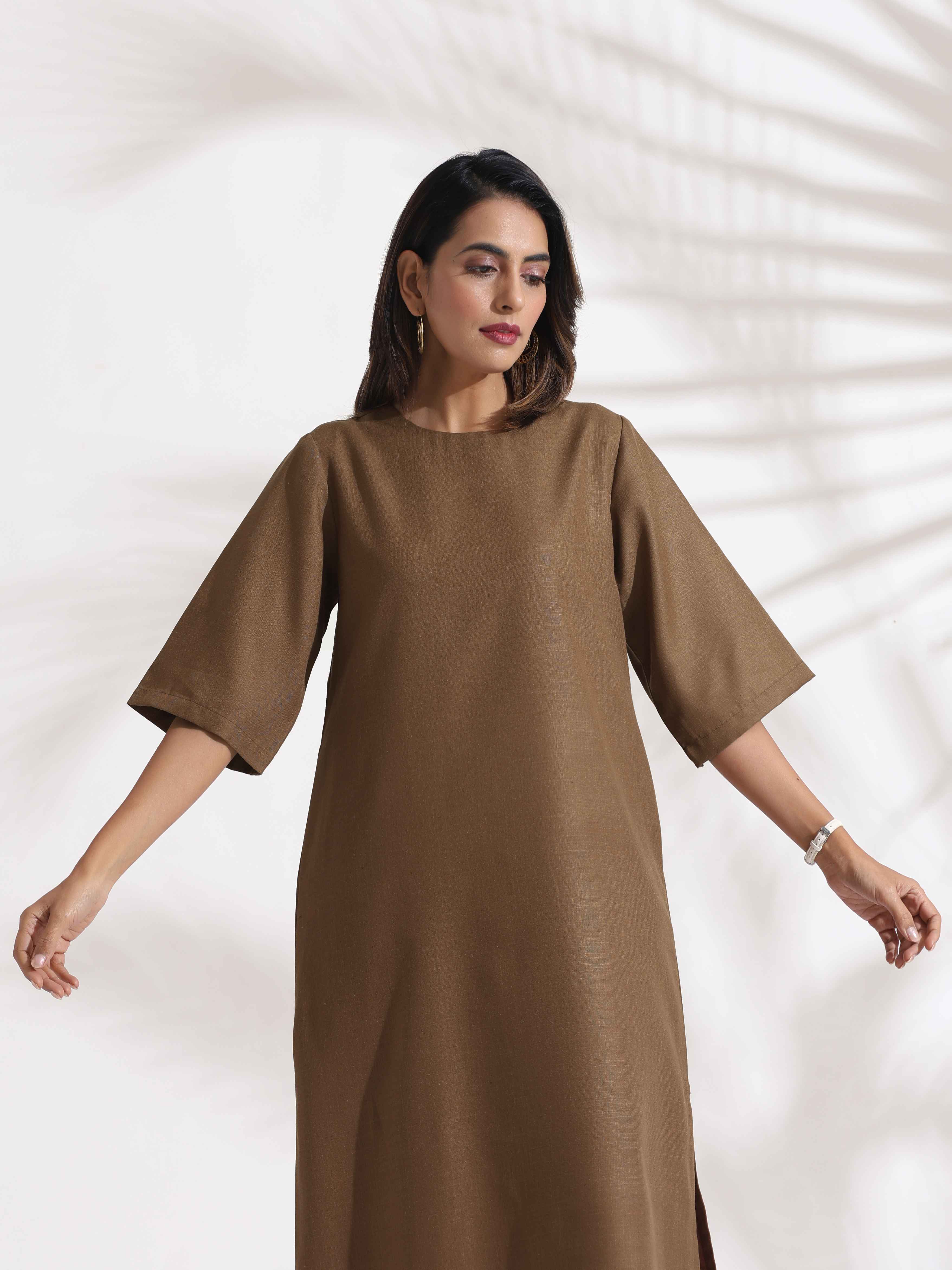 trueBrowns Brown Slub Dress | Grocsy