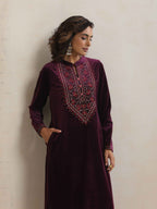 trueBrowns Purple Velvet Floral Embroidered Kurta Pant Dupatta Set | Grocsy