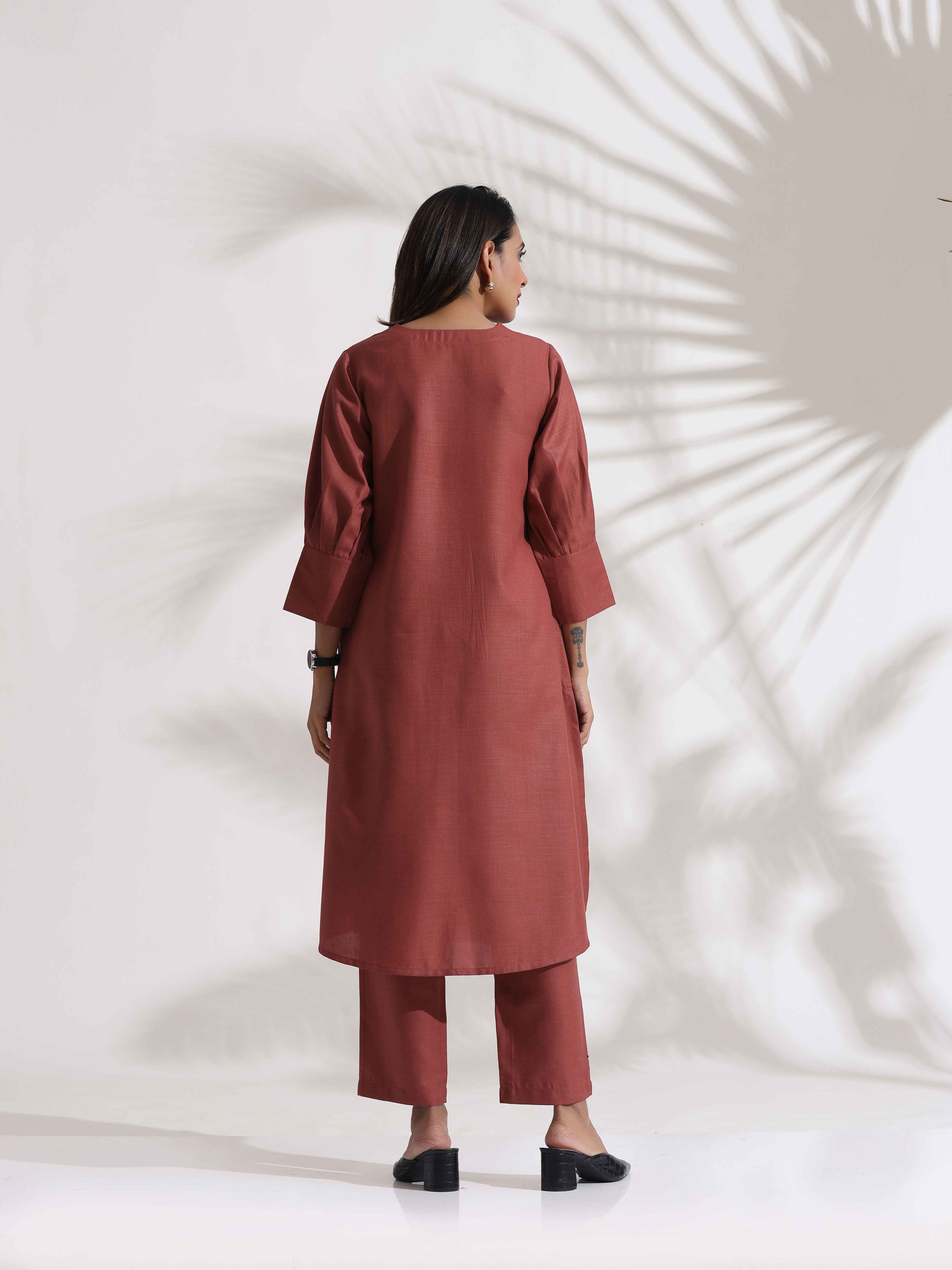 trueBrowns Pink Slub Kurta Set | Grocsy