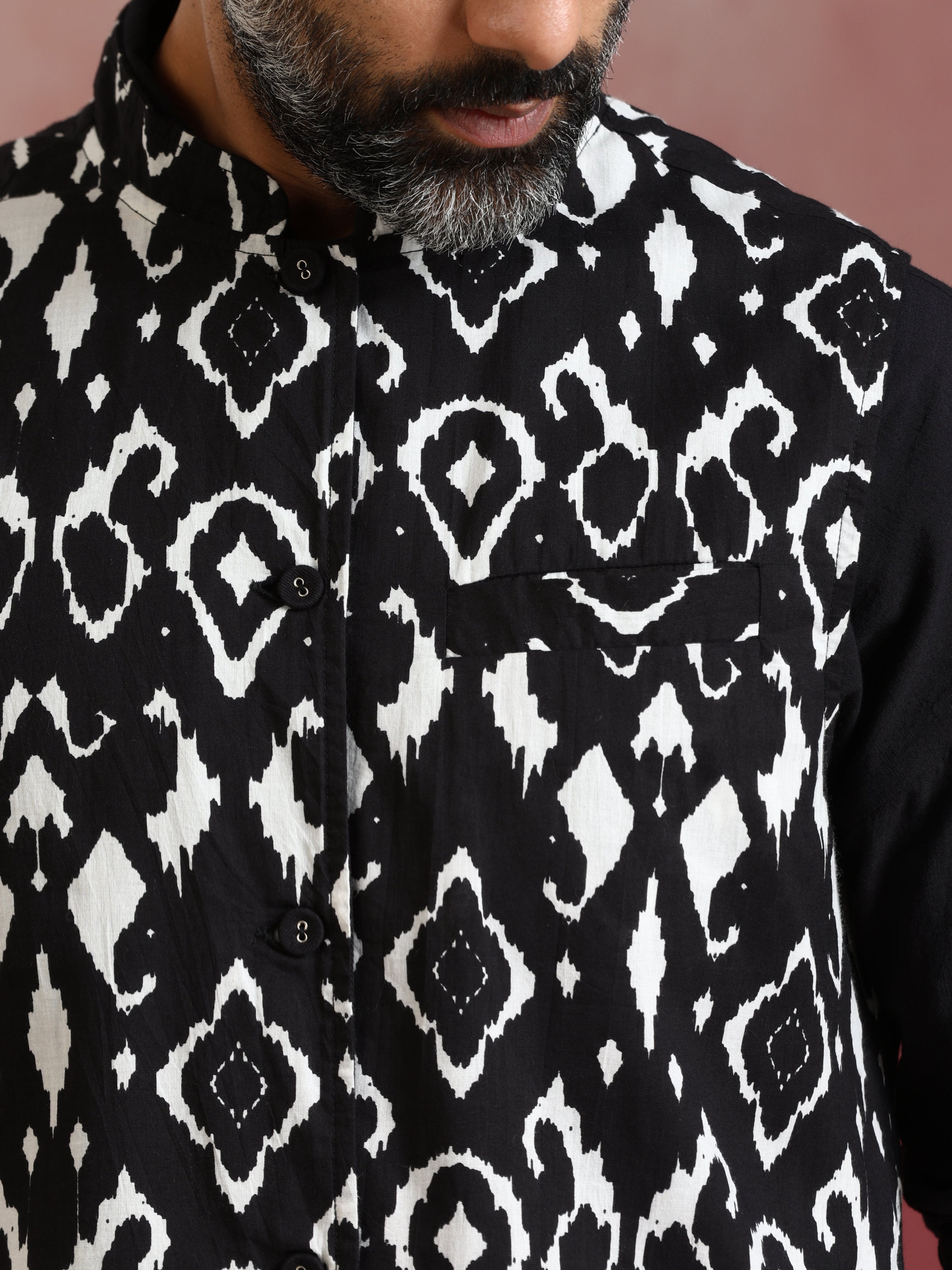 trueBrowns Men's Black Ikat Print Cotton Reversible Nehru Jacket | Grocsy