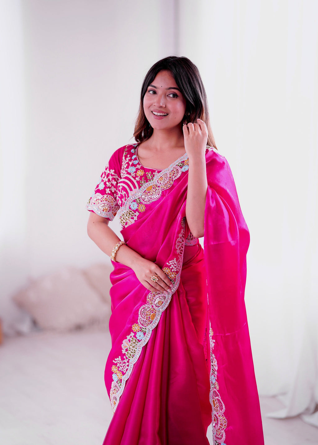 Lorenvalley Fashion Magenta Jimmy Choo with Embroidery Threads Codding & Sequins Work Saree with Blouse | Grocsy