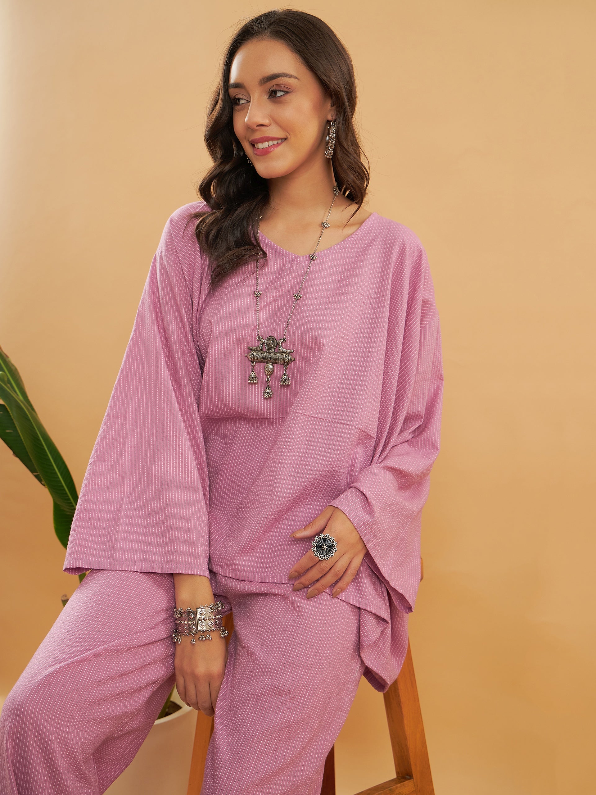 InWeave Women's Mauve Kantha Boho Full Sleeve Coord Set | Grocsy