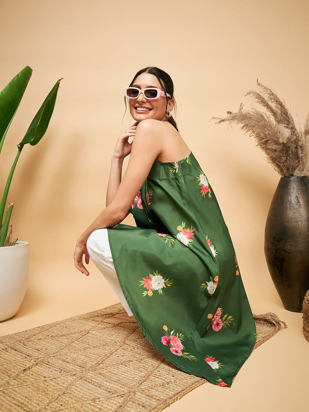 InWeave Women's Green Small Flower One Shoulder Kurta | Grocsy