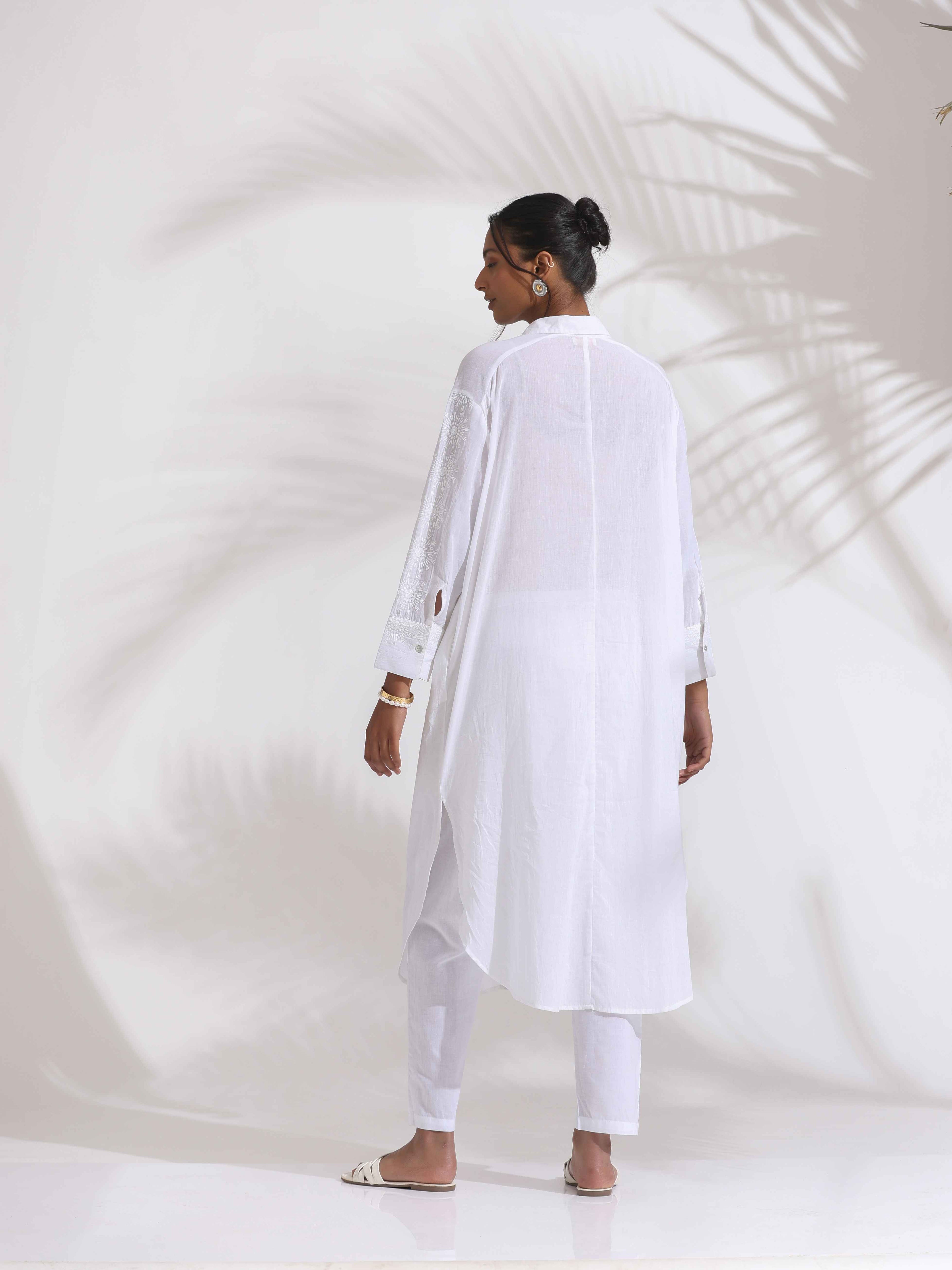 trueBrowns White Cotton Schiffli Shirt Kurta Set | Grocsy