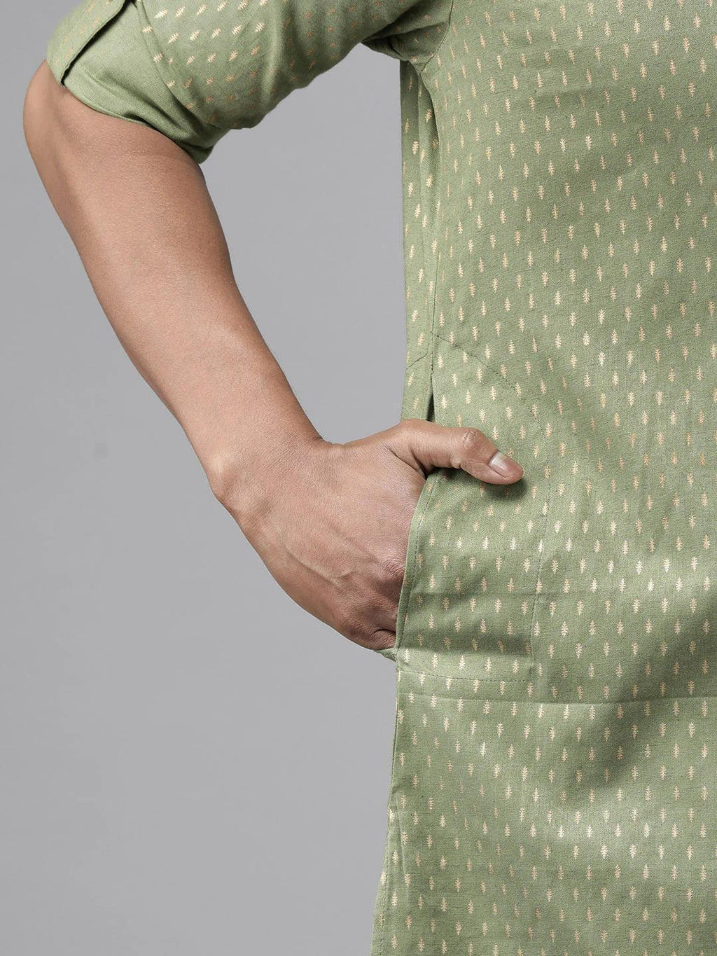 Fabmade Pure Cotton Olive Green Printed Pathani Kurta Pyjama | Grocsy