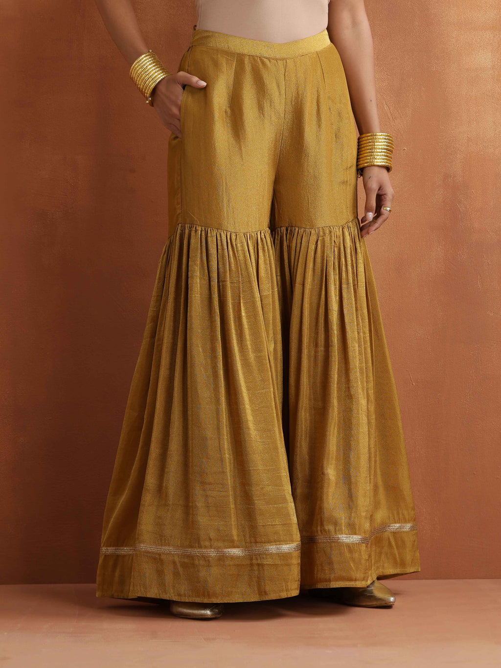 trueBrowns Gold Tissue Sharara Dupatta Set | Grocsy