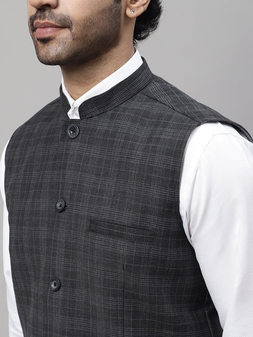 Even Apparels Men's Grey Nehru Jacket With Welt Pockets | Grocsy