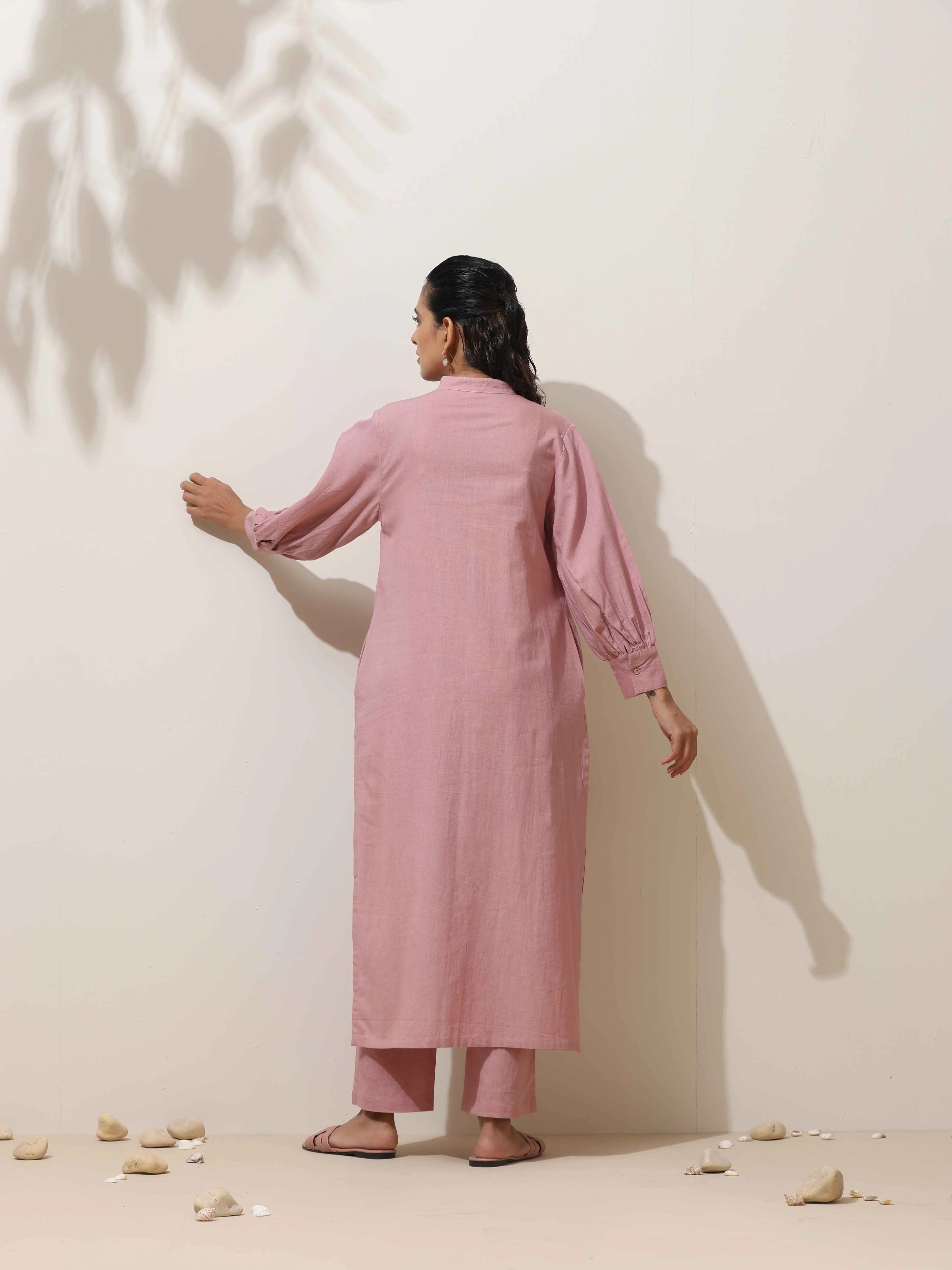 trueBrowns Pink Cotton Linen Kurta Pant Set | Grocsy