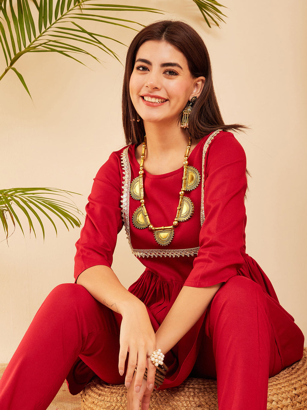 InWeave Women's Maroon Round Neck Square Gota Work Kurta Pant Set | Grocsy