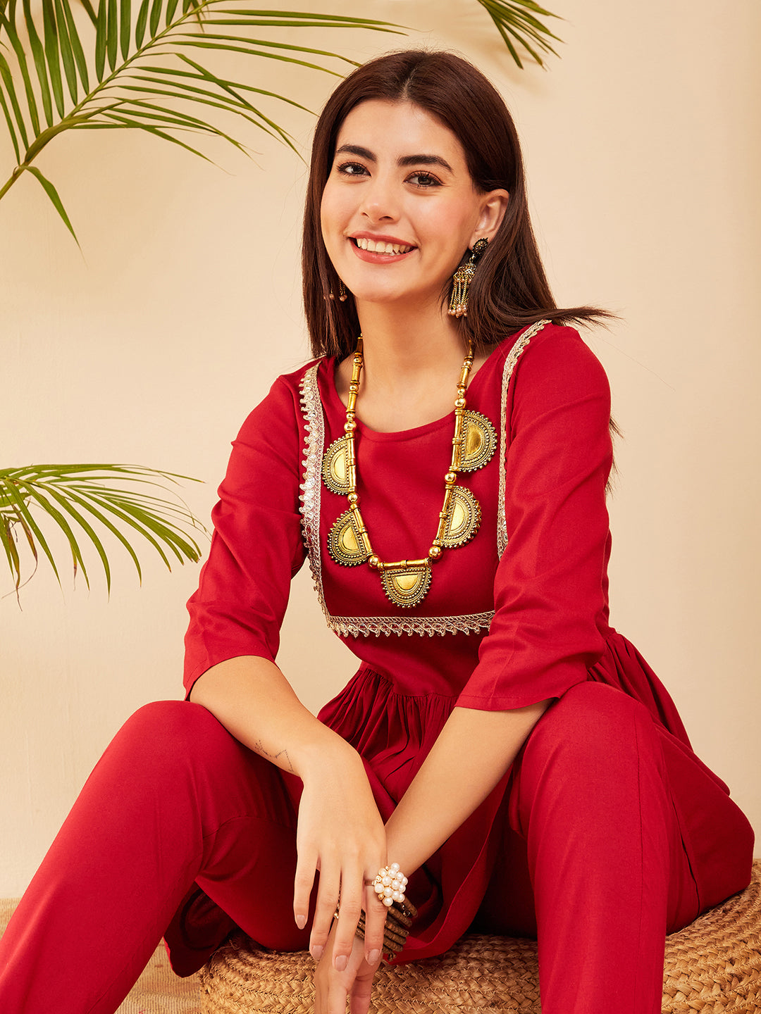 InWeave Women's Maroon Round Neck Square Gota Work Kurta Pant Set | Grocsy