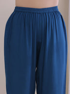 trueBrowns Classic Blue Dobby High Slit Gathered Kurta Set | Grocsy