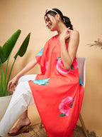 InWeave Women's Dark Orange Pink Blue Flower One Shoulder Kurta | Grocsy