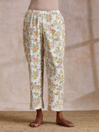 trueBrowns Pink Yellow Floral On White Block Print Cotton Panel Kaftan Kurta Pant Set | Grocsy