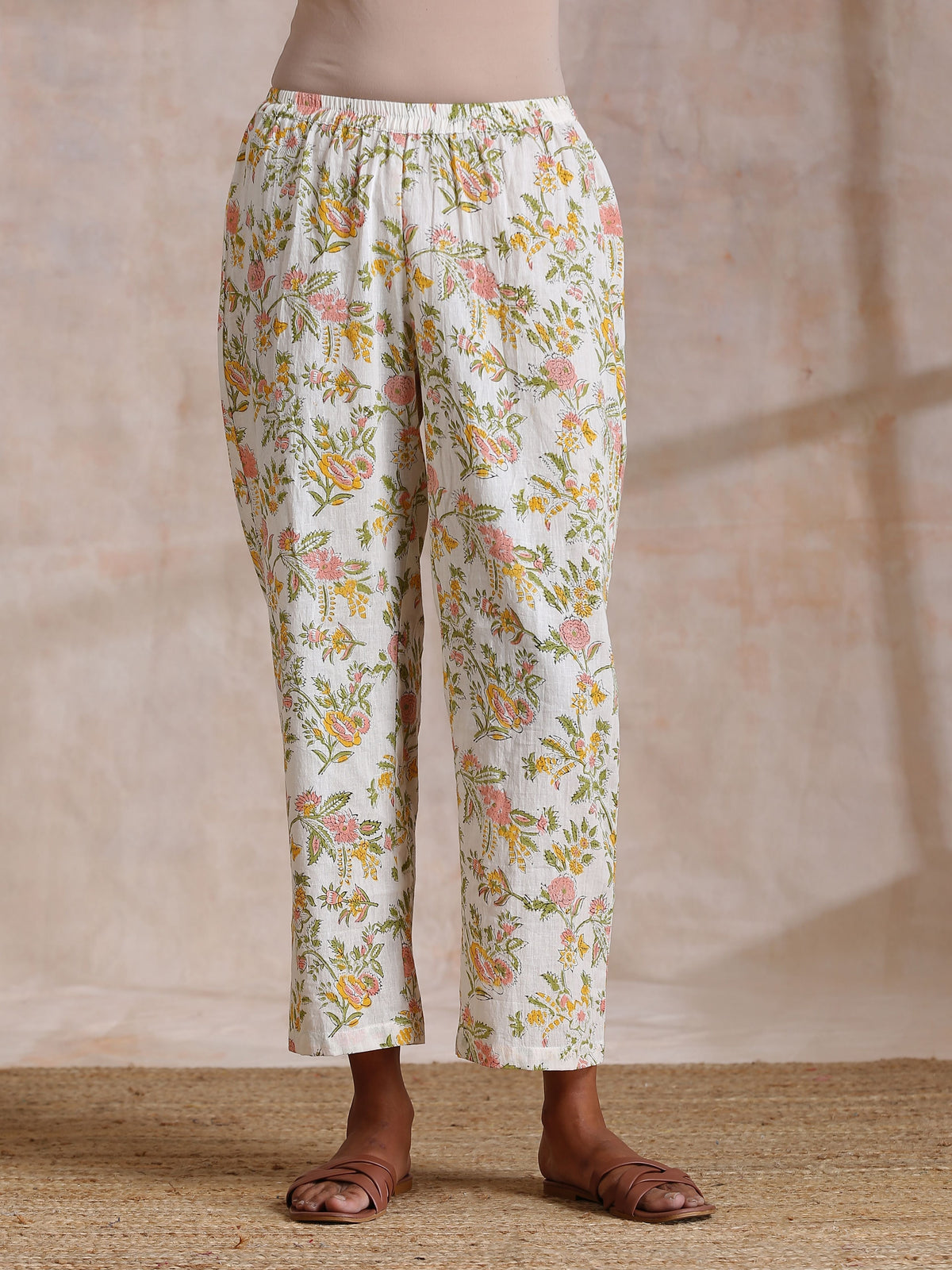 trueBrowns Pink Yellow Floral On White Block Print Cotton Panel Kaftan Kurta Pant Set | Grocsy