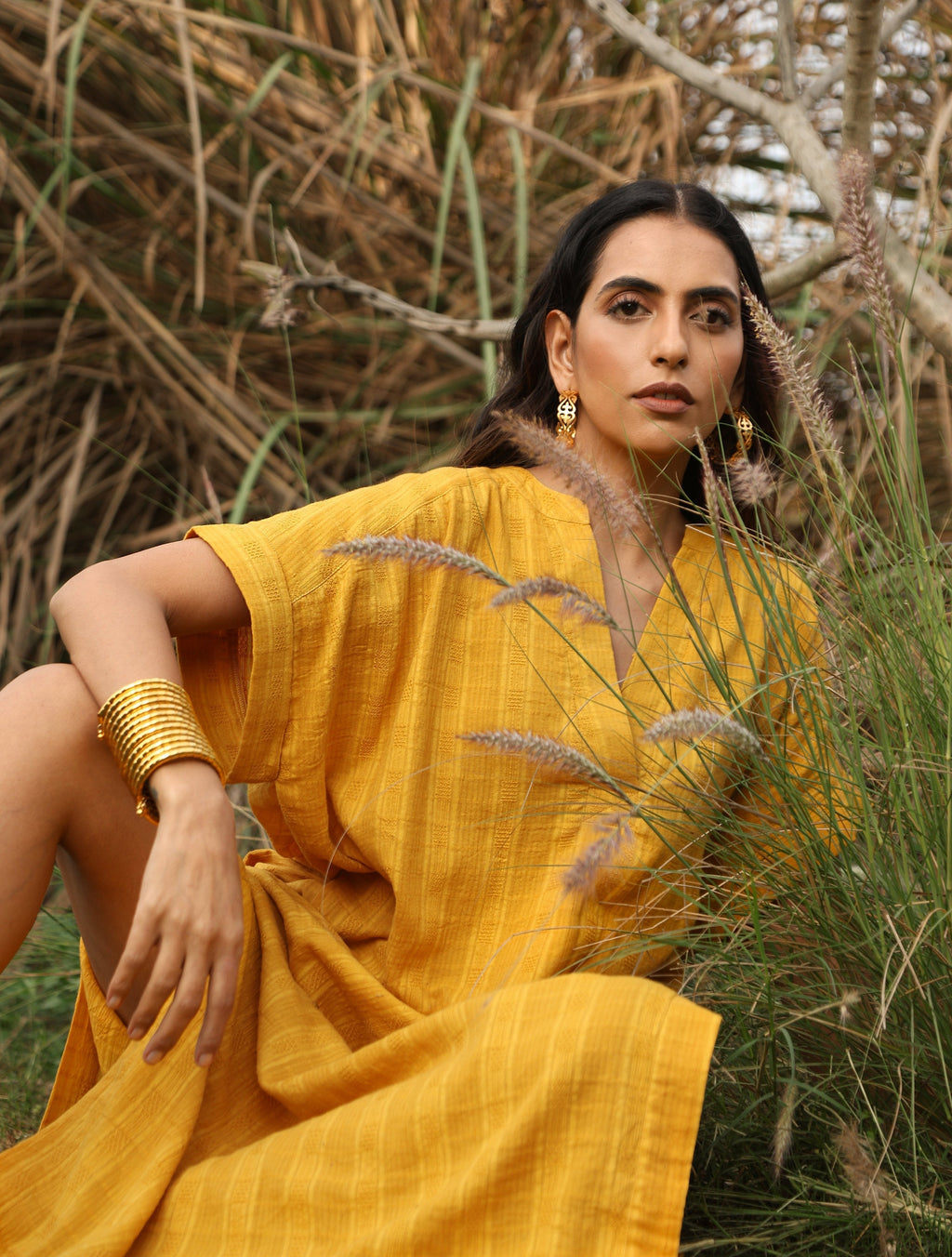 trueBrowns Mustard Cotton Dobby Oversized Dress | Grocsy