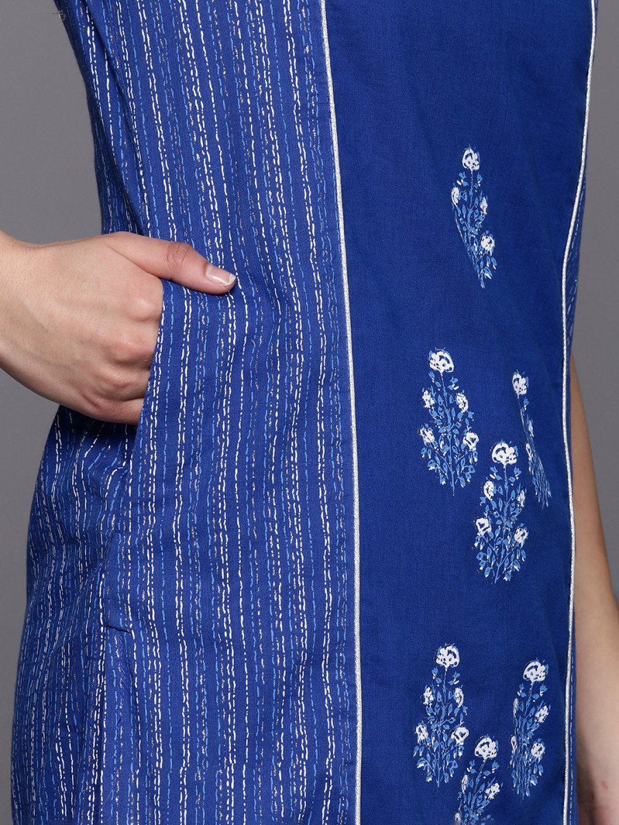Ahalyaa Women Blue Floral Printed Pure Cotton Kurta with Trousers | Grocsy