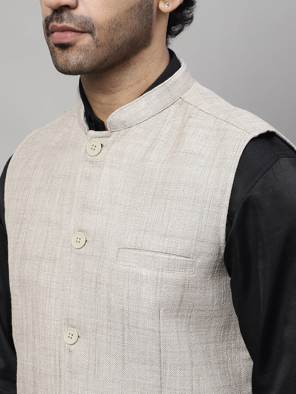 Even Apparels Men's Beige Nehru Jacket With Welt Pockets | Grocsy