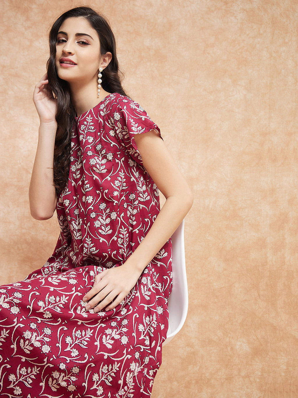 InWeave Women's Wine Cream Floral Print A Line Dress | Grocsy