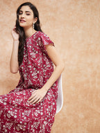 InWeave Women's Wine Cream Floral Print A Line Dress | Grocsy