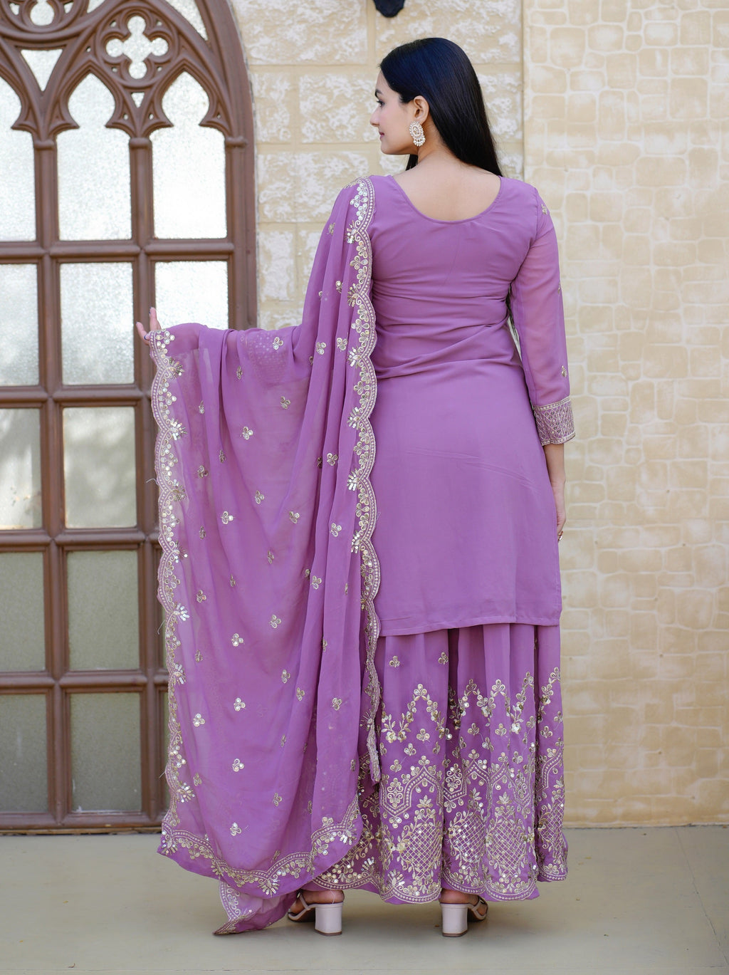 Teeya Creation Lavendar Color Georgette Heavy Embroidery Work Fully Stitched Sharara Suit Set | Grocsy