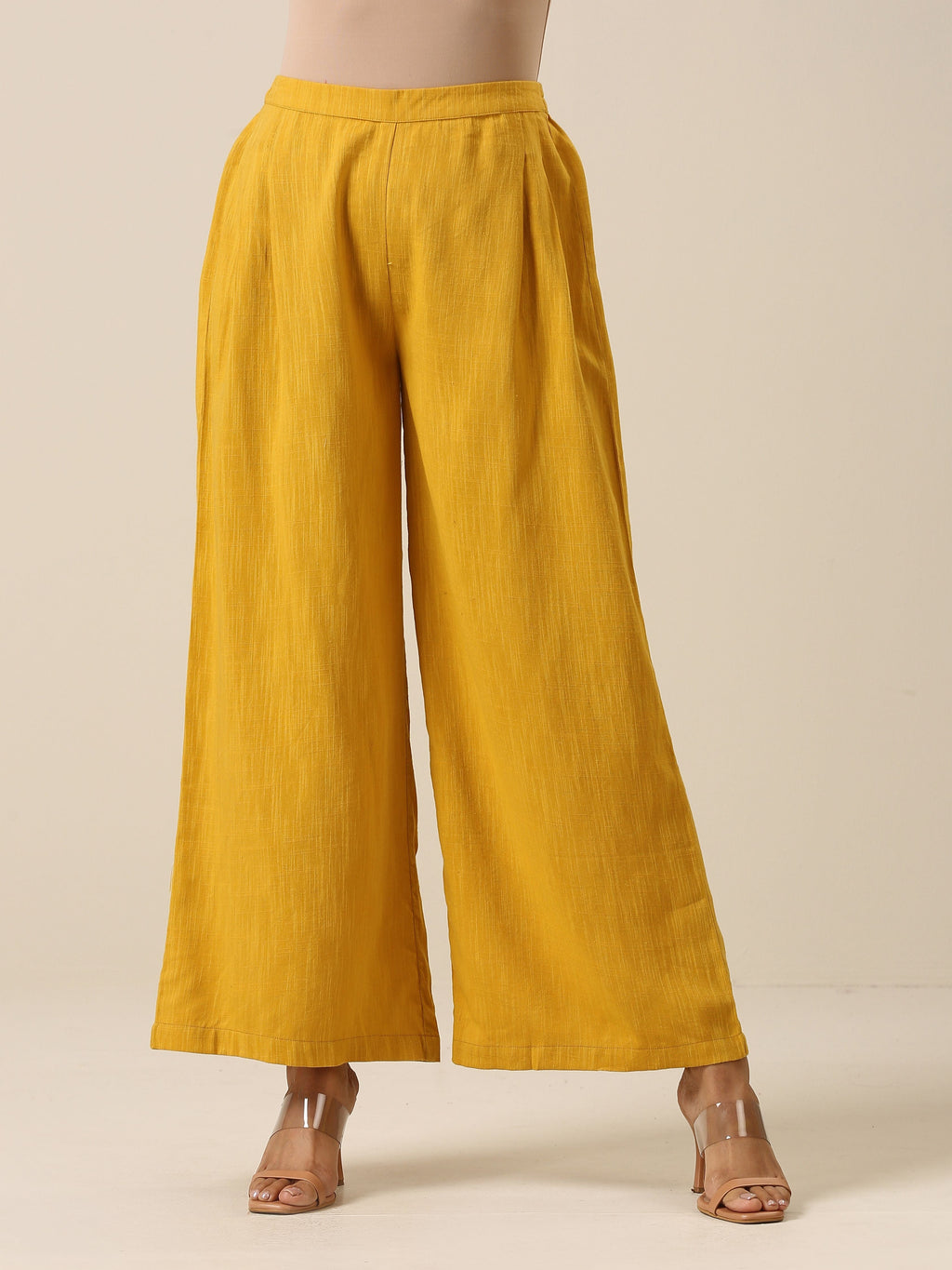 trueBrowns Mustard Yellow Slub Texture Sleevesless Jacket Pant Set | Grocsy