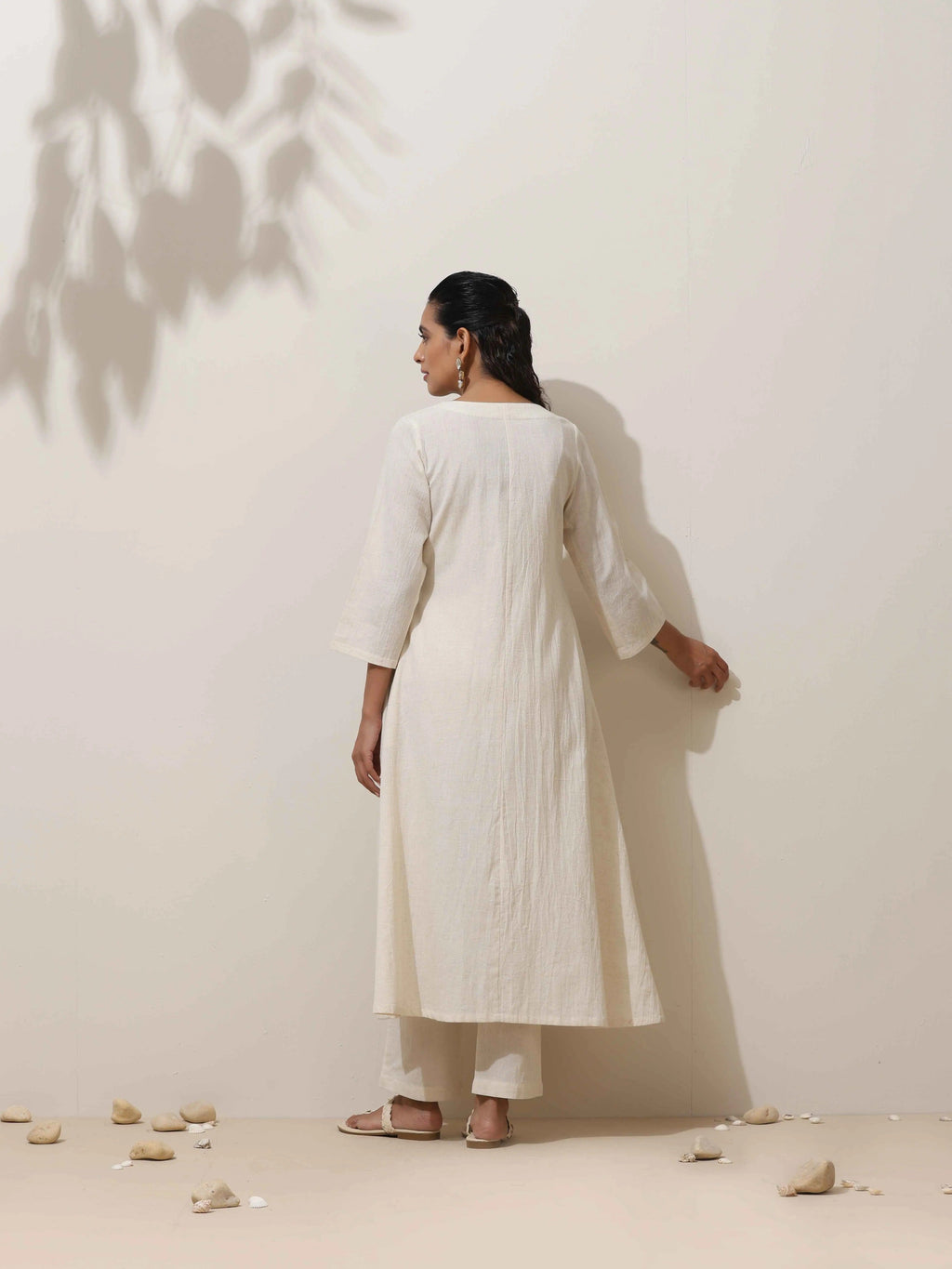 trueBrowns Off White Cotton Linen Angrakha Kurta Pant Set | Grocsy
