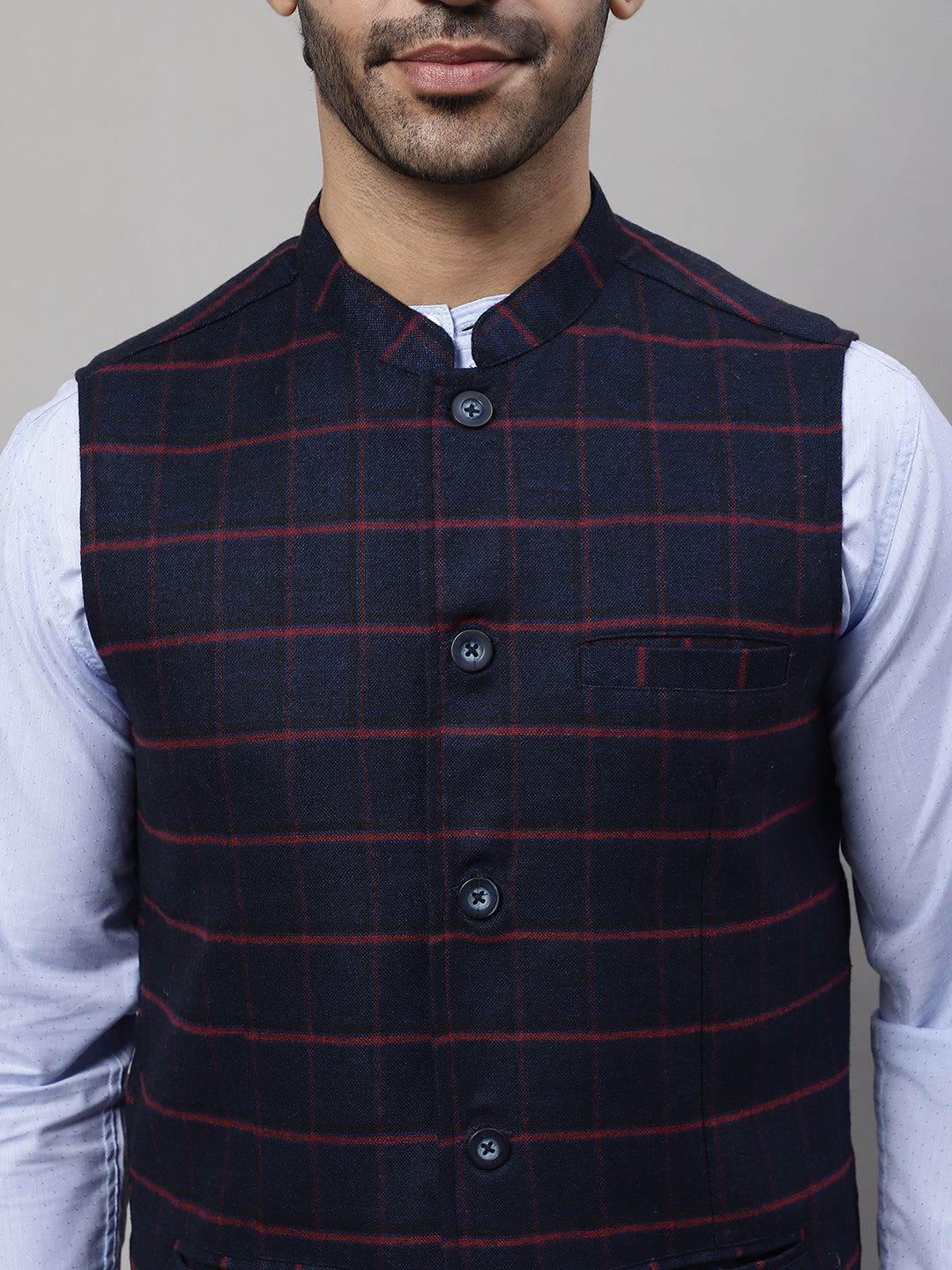 Even Apparels Men's Blue Nehru Jacket With Welt Pockets | Grocsy
