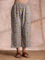 trueBrowns Grey Overall Floral Block Print Cotton Sleeveless Flared Kurta Pant Set | Grocsy