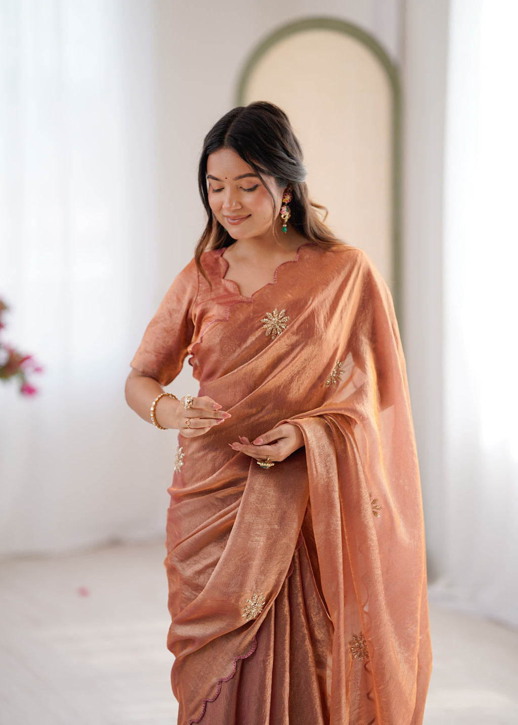 Evanik Designer Heavy Fendy Satin With Beads Embroidered Work Saree With Unstitched Blouse | Grocsy