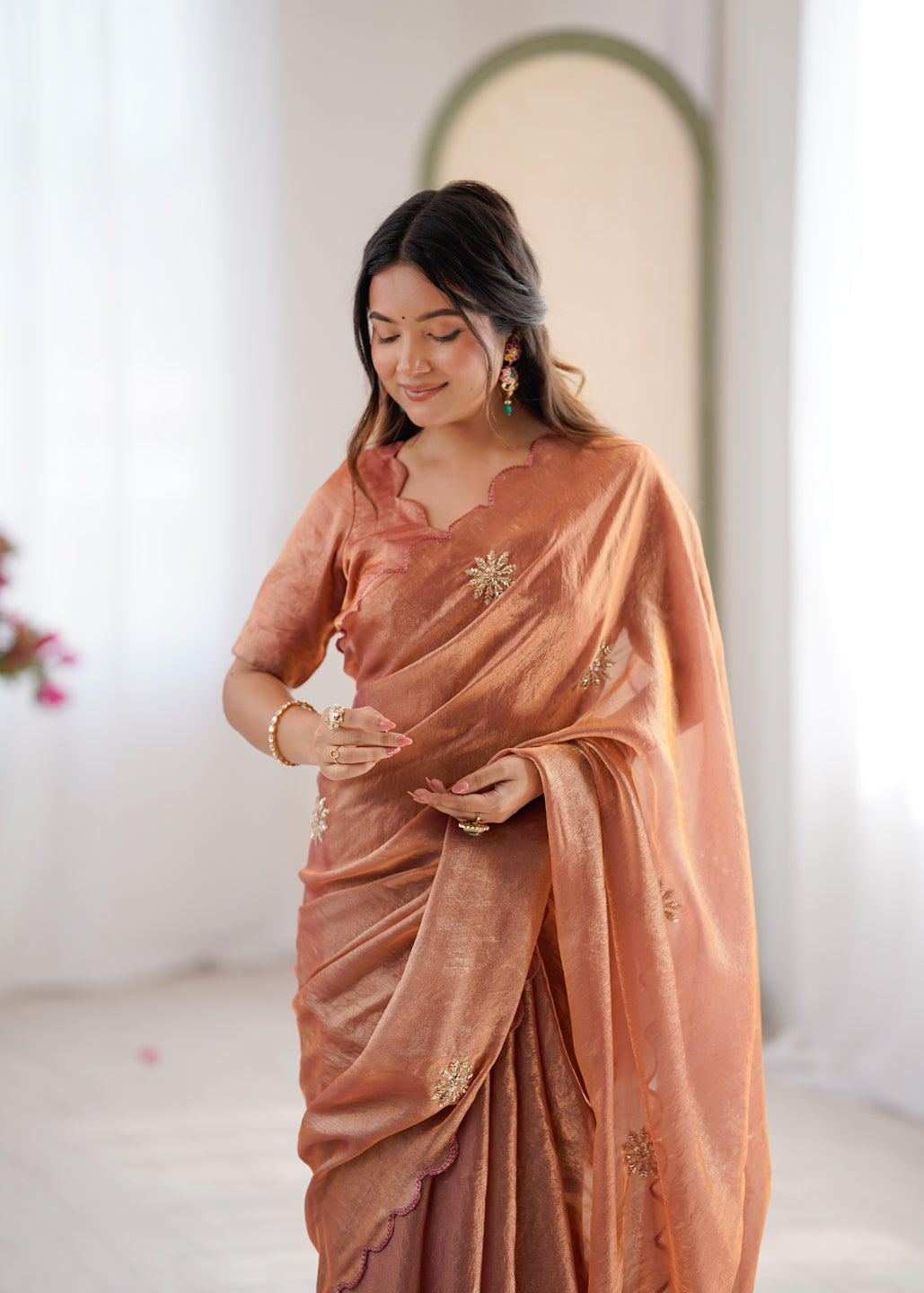 Evanik Designer Heavy Fendy Satin With Beads Embroidered Work Saree With Unstitched Blouse | Grocsy