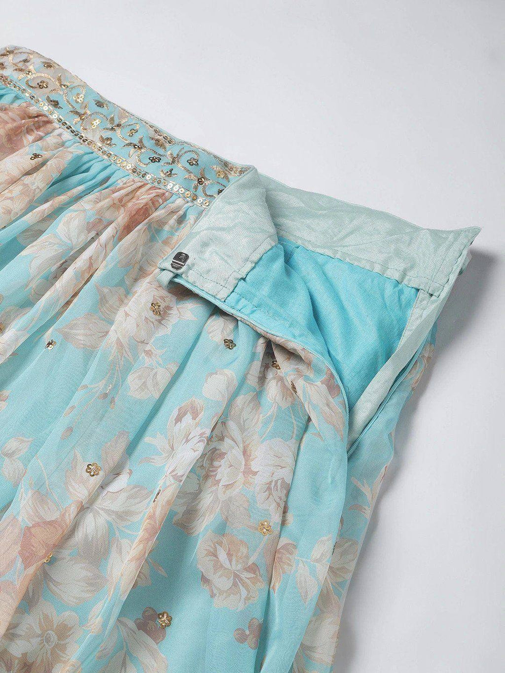 Tulsi Art Blue & Peach-Coloured Embellished Sequin Myntra Lehenga & Unstitched Blouse | Grocsy