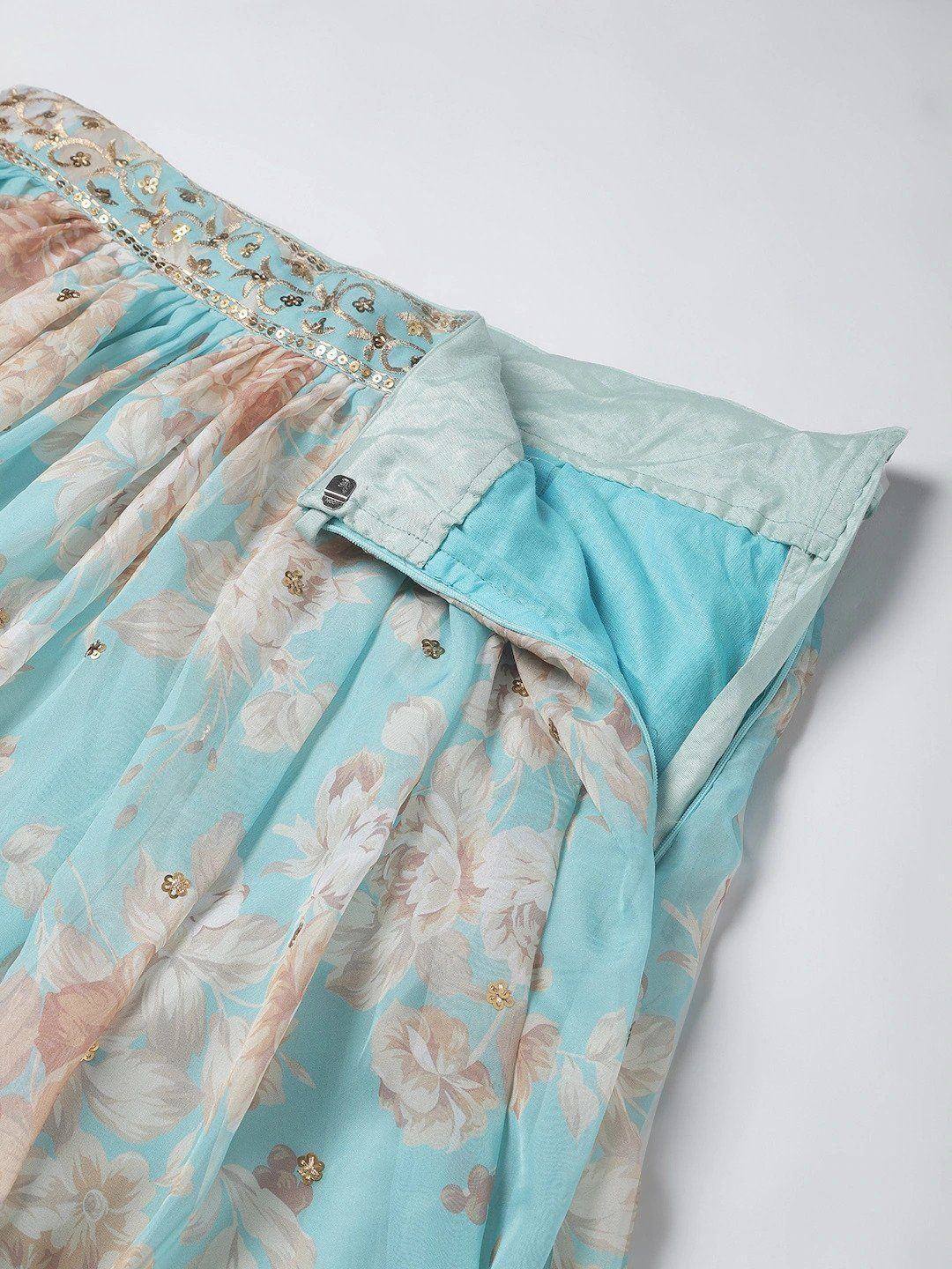 Tulsi Art Blue & Peach-Coloured Embellished Sequin Myntra Lehenga & Unstitched Blouse | Grocsy