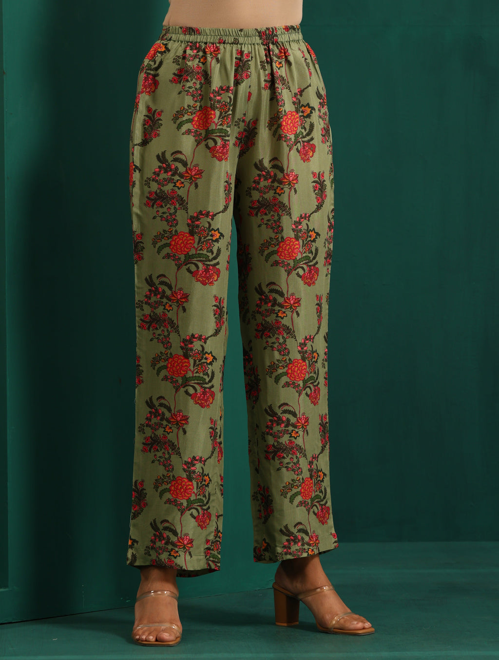 trueBrowns Green Floral Muslin Silk Printed Front Slit Kurta Pant Set | Grocsy